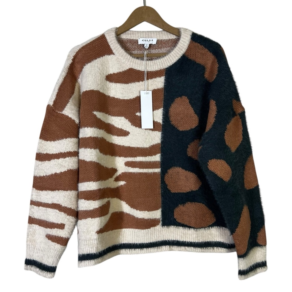 NWT Gilli Sweater Womens M Brown Colorblock Animal Print Fuzzy Knit Artsy Fall